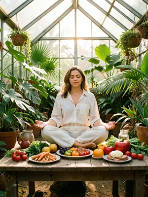 Person meditating in greenhouse surrounded by tropical plants, morning dew on le