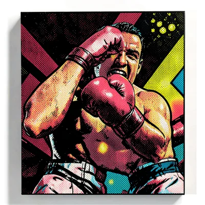 Halftone dot illustration, boxing match punch , Ben-Day dots, pop art aesthetic,