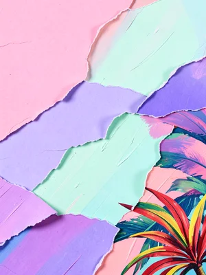Layered torn paper in gradient pastels — pink, lavender, mint — with soft shadow