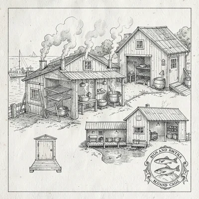 A harbor-side fish-smoking smokehouse plan with smoke-rooms, drying racks, salt-