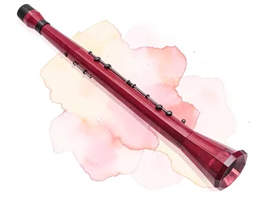Glassy ruby-red lowpoly clarinet laid diagonally with a slim crimson body and a 