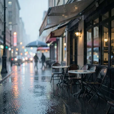 An outdoor café with chairs tipped against tables in the rain, water streaming o