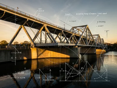 Bridge photograph with structural engineering diagrams and force vectors drawn o