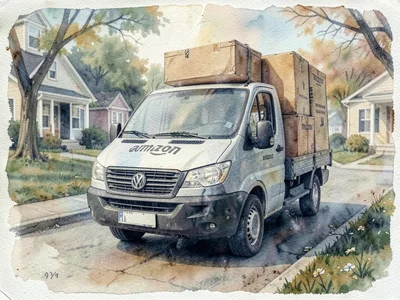 Amazon delivery van parked on suburban street, brown cardboard boxes visible, vi