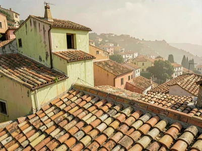 Compressed rooftop perspective with hundreds of overlapping tiles, bleached-ochr