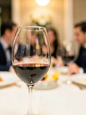 Wine glass rim with condensation, dinner party beyond