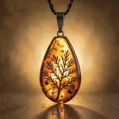 Baltic amber luminescence, backlit golden-brown, Translucent amber pendant with 