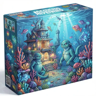 Board game box illustration, underwater civilization with merfolk, coral archite