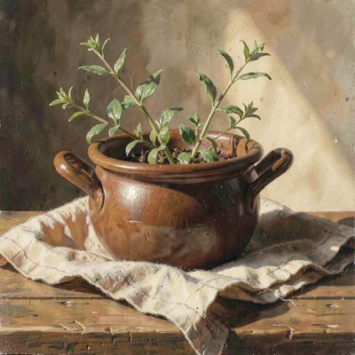Tabletop hero of a single pot resting on folded linen, soft warm sidelight catch