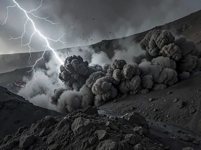 Lightning within ash cloud illuminating