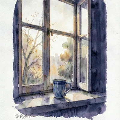 Gouache vertical of a quiet morning window with a mug on a sill, warm honey ligh