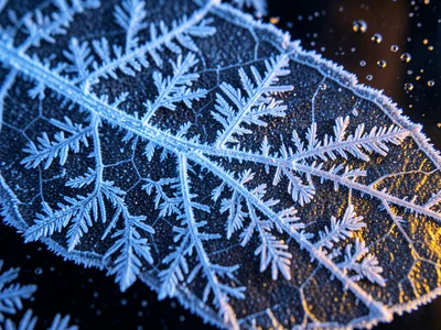 Frost on leaf surface, ice crystals following the leaf veins and cell structure,