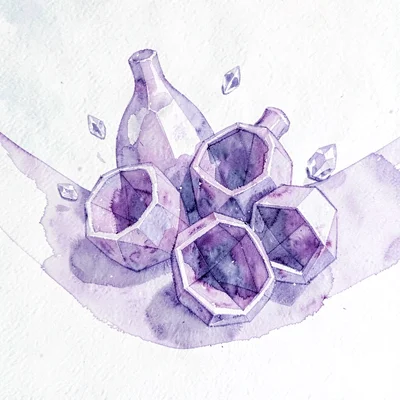 Cluster of amethyst lowpoly figs split open with violet inner facets and a few c