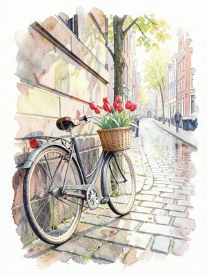 A bicycle against a wall in Amsterdam, red tulips in the basket, the canal stree