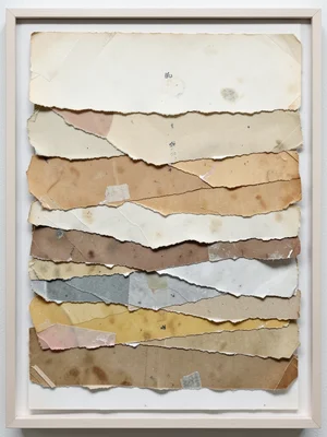 Stack of torn paper corners, each one revealing the layer beneath, stepped casca