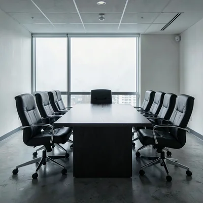 Precise geometric composition, industrial clarity, Corporate boardroom with twel
