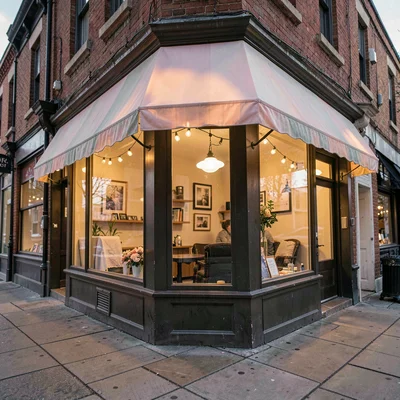 Atmospheric storefront from the sidewalk, glowing pastel awning at sunrise