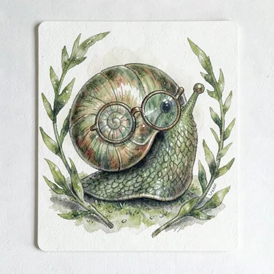 Gouache character-card of a wise old sea-snail with spectacles, painted in mossy