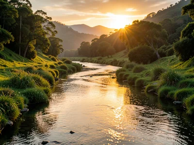 Calm river winding through a green valley at sunset, golden light on the water s