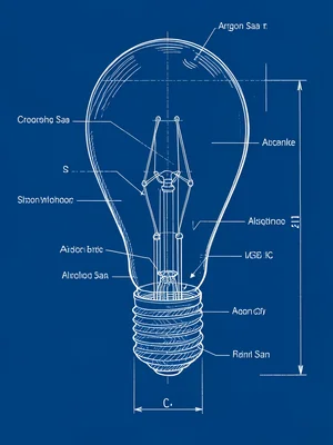 An exploded-view of a light bulb: glass envelope, filament, support wires, base,