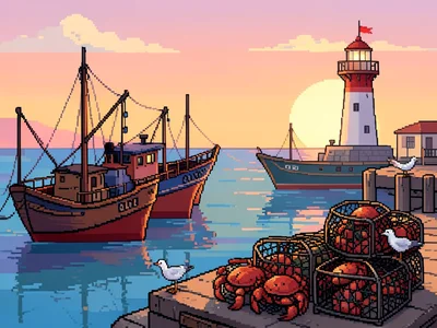 A pixel art harbor: fishing boats, a lighthouse, seagulls, crab traps stacked on