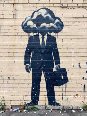 Suited figure with briefcase, head replaced by a cloud, stencilled in dark blue 