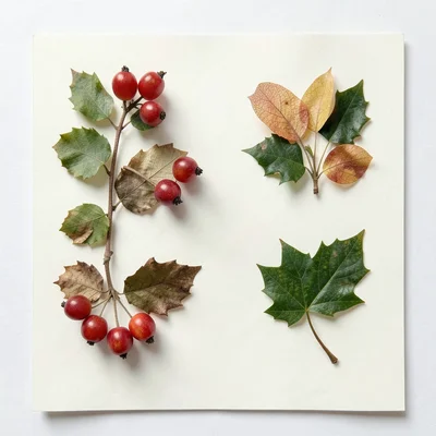 Pressed autumn berries and leaves: rowan, holly, and ivy preserved on cream pape