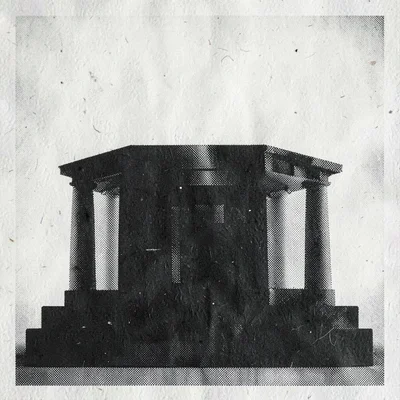 Riso event-poster of a rostrum silhouette with halftone overlap