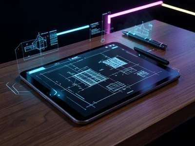 Tablet lying flat on a wooden table displaying architectural blueprints, stylus 