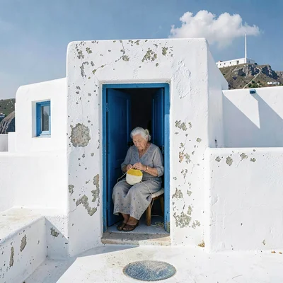 Cycladic whitewash study, Greek island lime, A grandmother knitting in a blue do