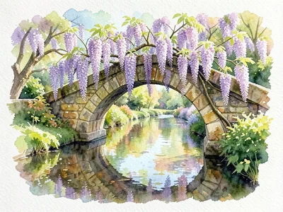A stone bridge over a stream in an English garden, wisteria hanging from the arc