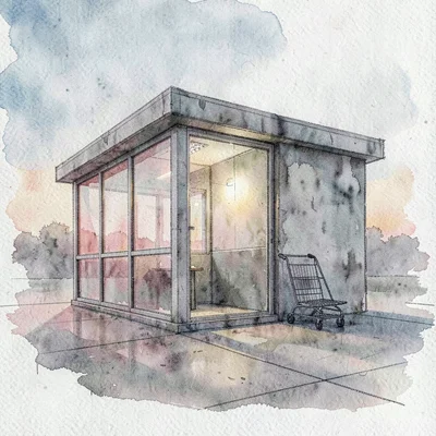 a small terminal exterior at clear dawn, glass facade catching first pink, a sin