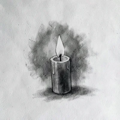 Charcoal of a candle flame leaning slightly in still air, soft halo of graphite 