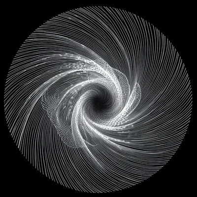 A flow field galaxy spiral where lines follow a logarithmic curve rotating aroun