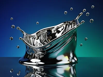 Chrome splash against gradient backdrop of deep blue to teal, mirror droplets fr