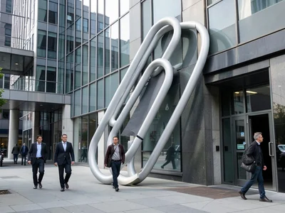 Massive paperclip leaning against office building, workers walking by unfazed