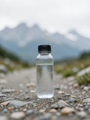 Water bottle on a hiking trail surface, condensation visible, mountain backdrop 