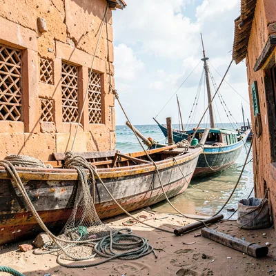 Coastal architecture photograph with Swahili influences, Dhow boats beached at l