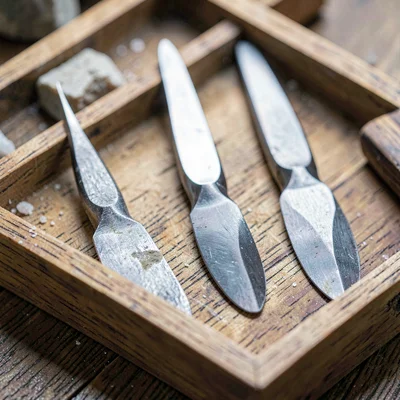 Mineral macro of three carving gouges in a wooden tray, blades catching light