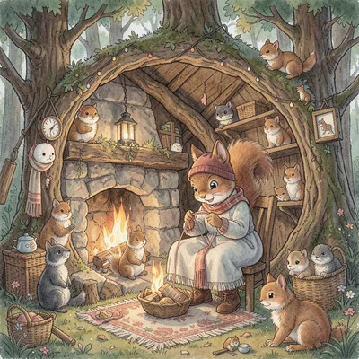 Squirrel grandmother knitting by fire