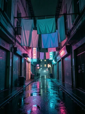 An alley with hanging laundry between buildings, neon from below coloring the wh
