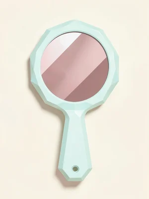 Handheld mint lowpoly mirror with sky-blue handle and dusty-pink reflective face