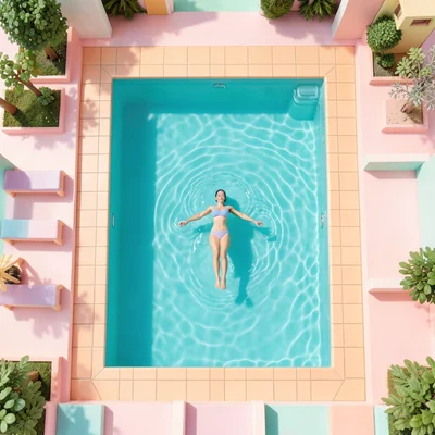 Swimming pool from above, perfect turquoise rectangle, single swimmer centered, 