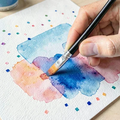 Soft gouache study of a hand testing a watercolor wash on cold-pressed paper, ge