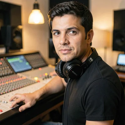 Portrait of a mixing engineer at a console with headphones around his neck, soft