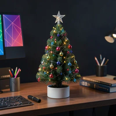 Miniature Christmas tree on desk with tiny ornaments, office holiday spirit