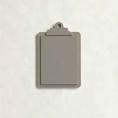 Flat-vector clipboard silhouette in muted clay tones standing centred on a soft