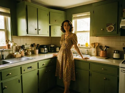 A 1970s kitchen in avocado green and harvest gold, a woman in a matching dress s