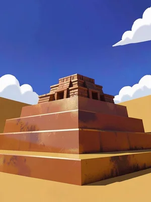 Tiered pre-columbian-style temple platform rises in copper and ochre planes bene