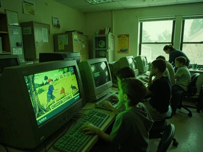 School computer lab with CRT monitors, cross-processed into radioactive greens, 